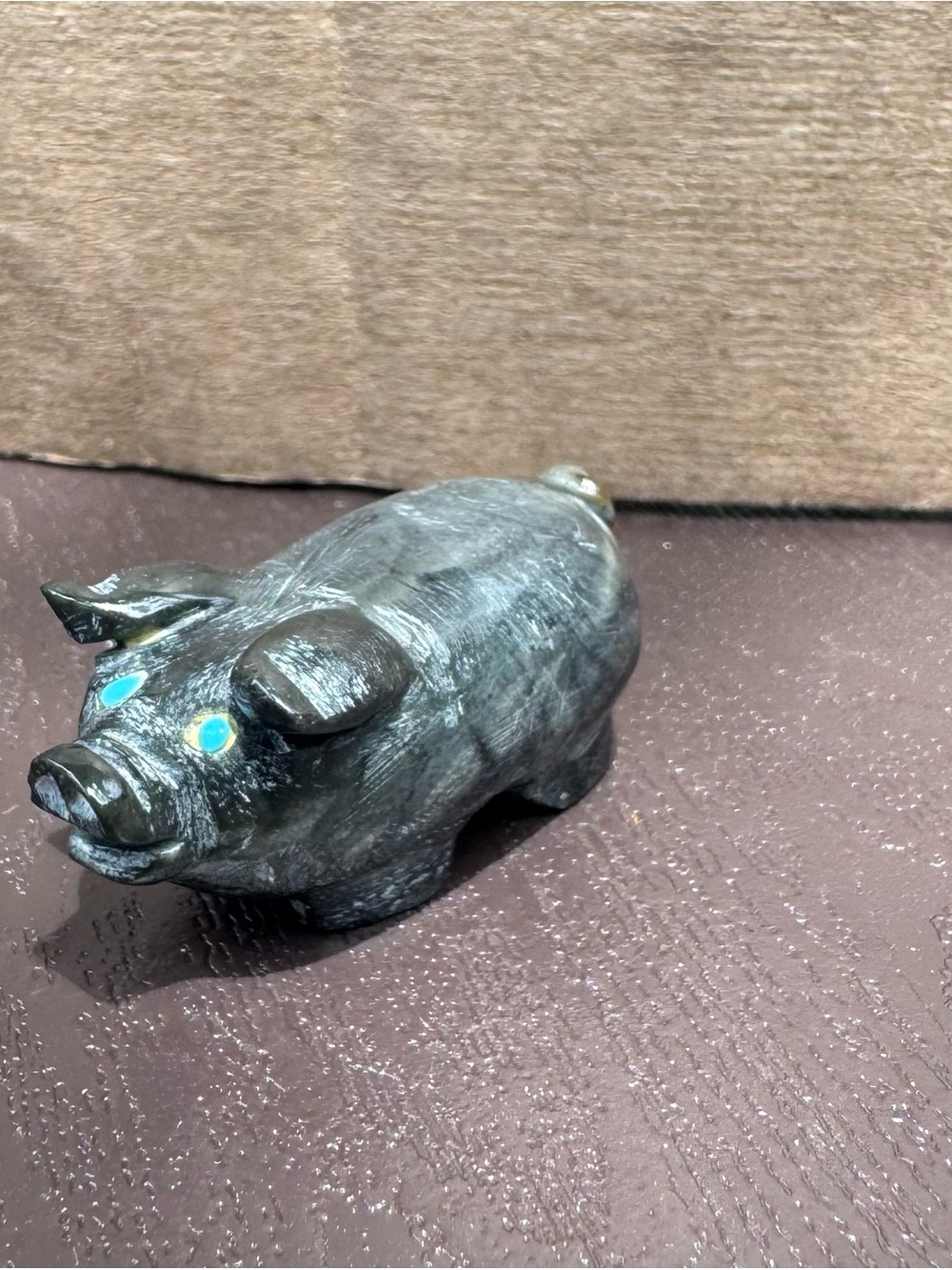 Hand-Carved Stone Pig Figurine in Dark Green with Turquoise Eyes